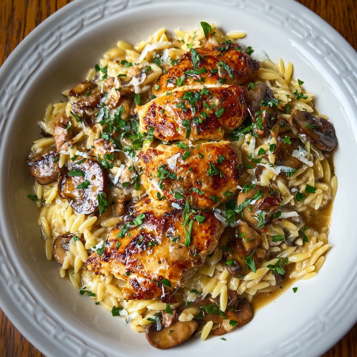 “Golden brown Marsala Chicken Orzo served over creamy orzo pasta with mushrooms, garnished with chopped parsley and Parmesan.”