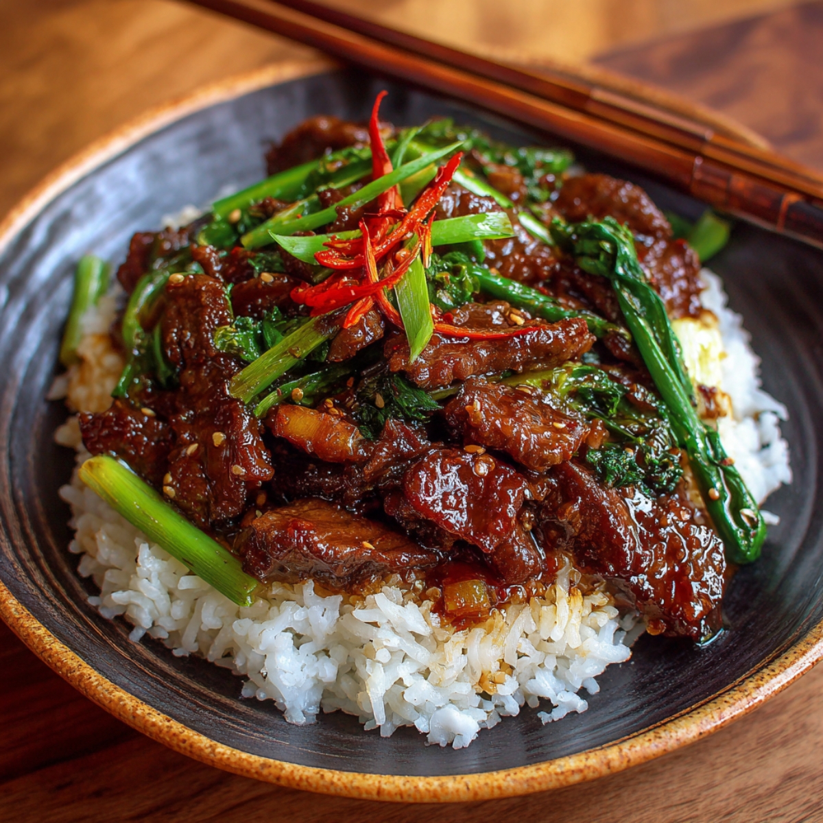 A serving of Mongolian beef with vegetables and glossy sauce placed on top of steamed white rice in a bowl, garnished with sliced red chili and green onions.