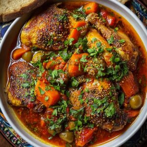 Moroccan chicken stew with tender chicken, carrots, olives, and a rich tomato-based sauce topped with chopped parsley.