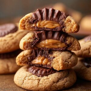 Stack of peanut butter cup cookies showing gooey caramel and chocolate filling inside, with more cookies in the background.