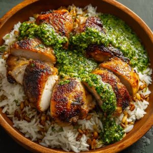 A bowl of sliced roasted Peruvian Chicken and Rice served over white rice, drizzled generously with vibrant green sauce, and garnished with toasted grains.