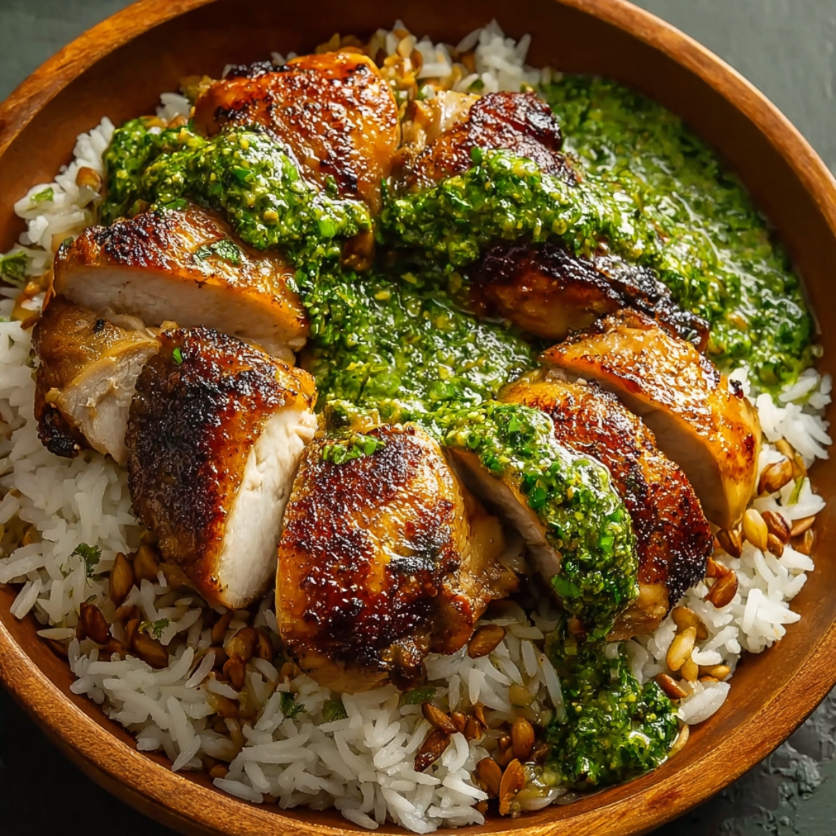 A bowl of sliced roasted Peruvian Chicken and Rice served over white rice, drizzled generously with vibrant green sauce, and garnished with toasted grains.