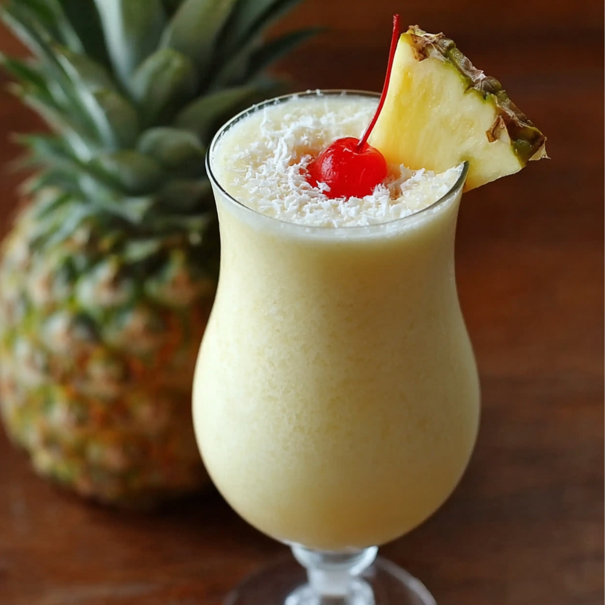 “Glass of homemade Pina Colada Recipe topped with shredded coconut, a cherry, and a pineapple wedge, with a fresh pineapple in the background.”