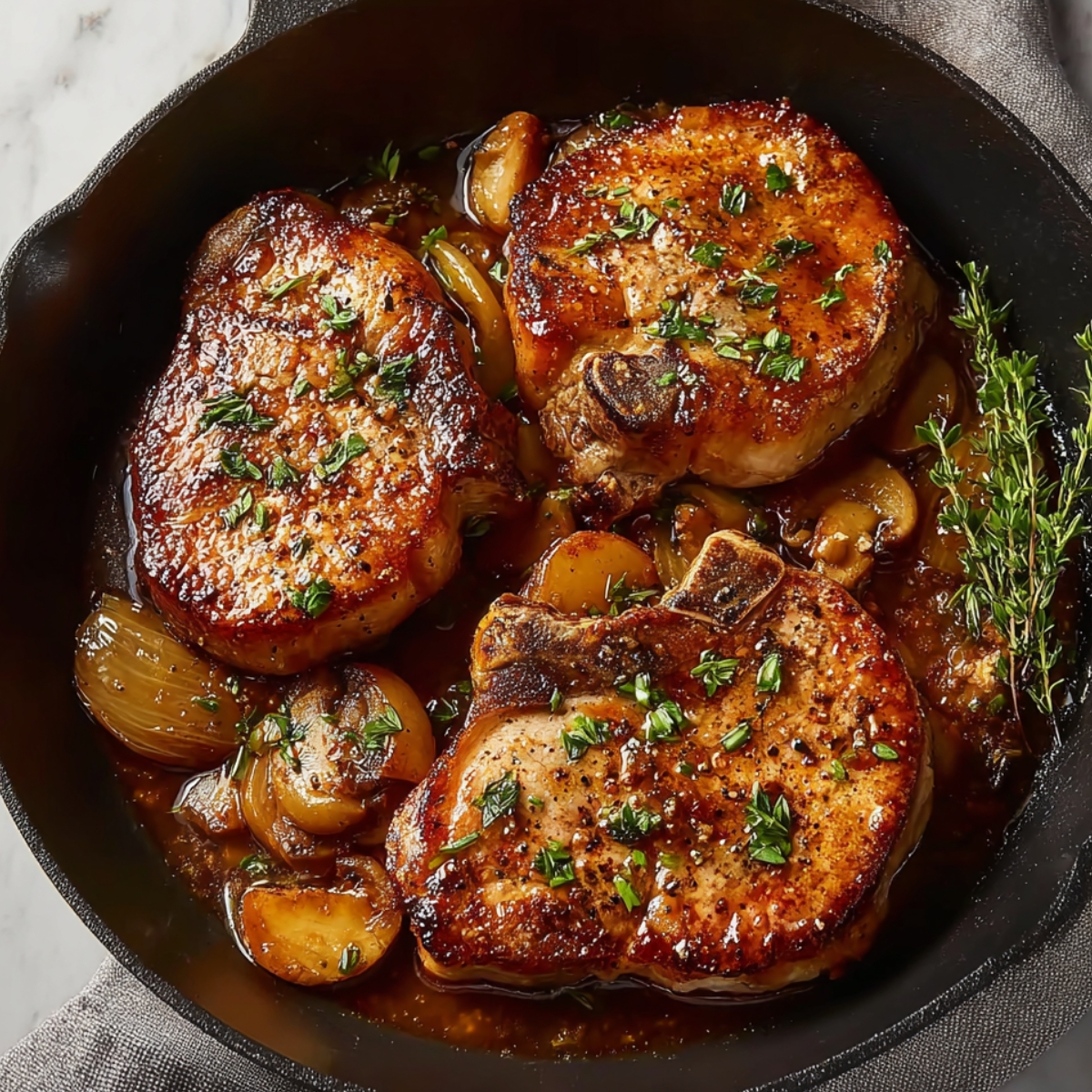“Cooked pork chops in a skillet with onions, garlic, and herbs in a savory sauce, garnished with thyme.”