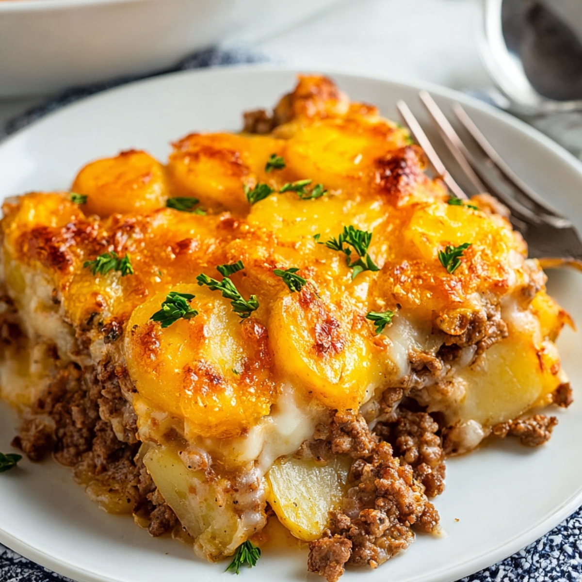 Plated serving of potato and hamburger casserole showing layers of ground beef, tender potatoes, and melted cheese, garnished with parsley.