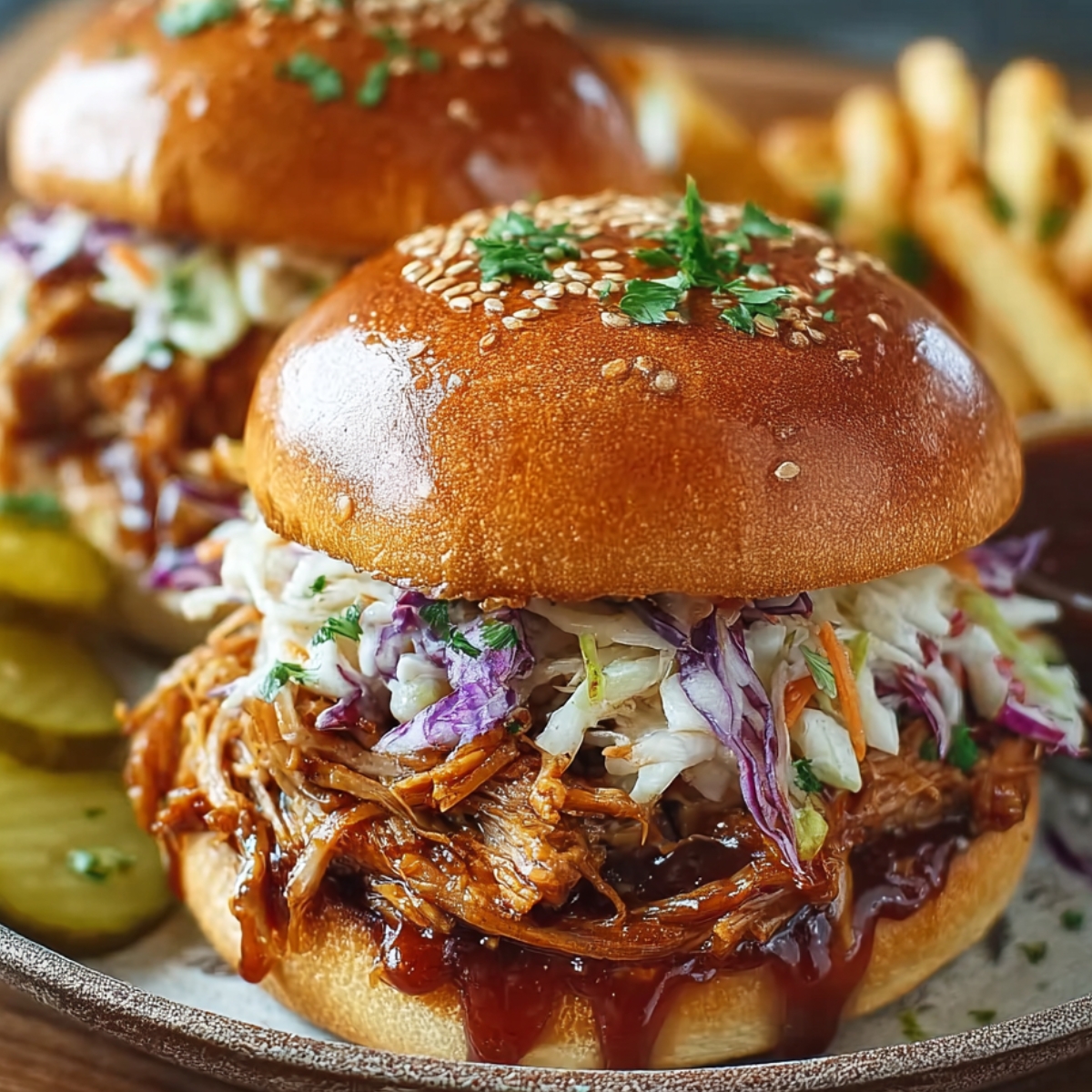 “Barbecue pulled pork sandwiches topped with creamy coleslaw on a sesame bun, served with pickles and fries.”