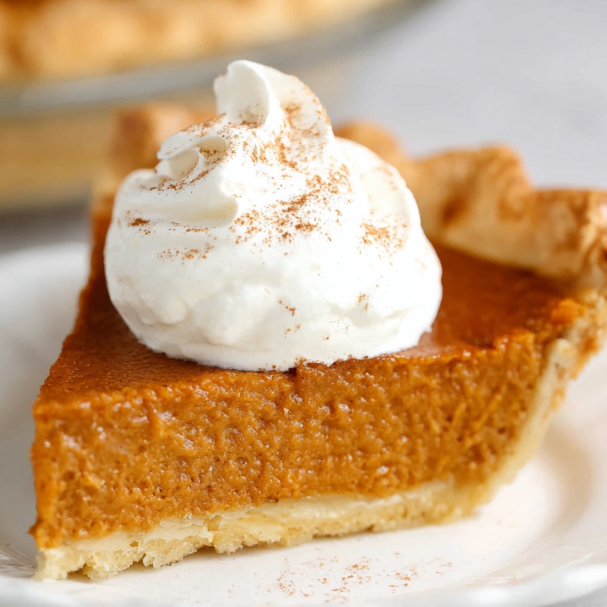 Slice of Pumpkin Pie Recipe topped with whipped cream and sprinkled with cinnamon, served on a white plate.