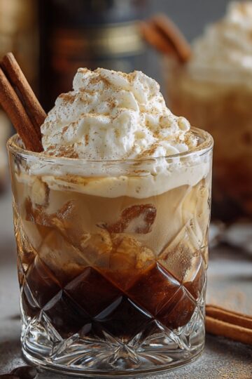 “A glass of Pumpkin Spice White Russian cocktail topped with whipped cream and sprinkled with cinnamon, garnished with two cinnamon sticks, sitting on a table with coffee beans and spices in the background.”