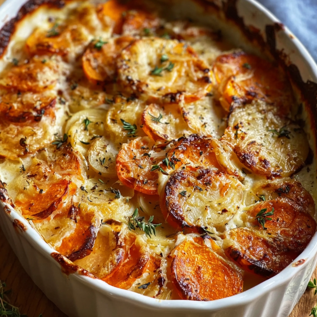 “Baked Root Veggie Gratin in a white casserole dish, featuring golden, caramelized layers of sliced carrots and potatoes, topped with herbs and melted cheese.”