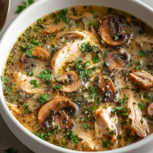 A comforting bowl of rotisserie chicken mushroom soup with tender chicken, sliced mushrooms, and fresh herbs floating in a savory broth.