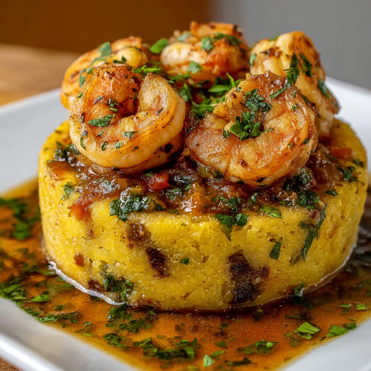 "A plated dish of shrimp mofongo with sauce and garnished with fresh herbs."