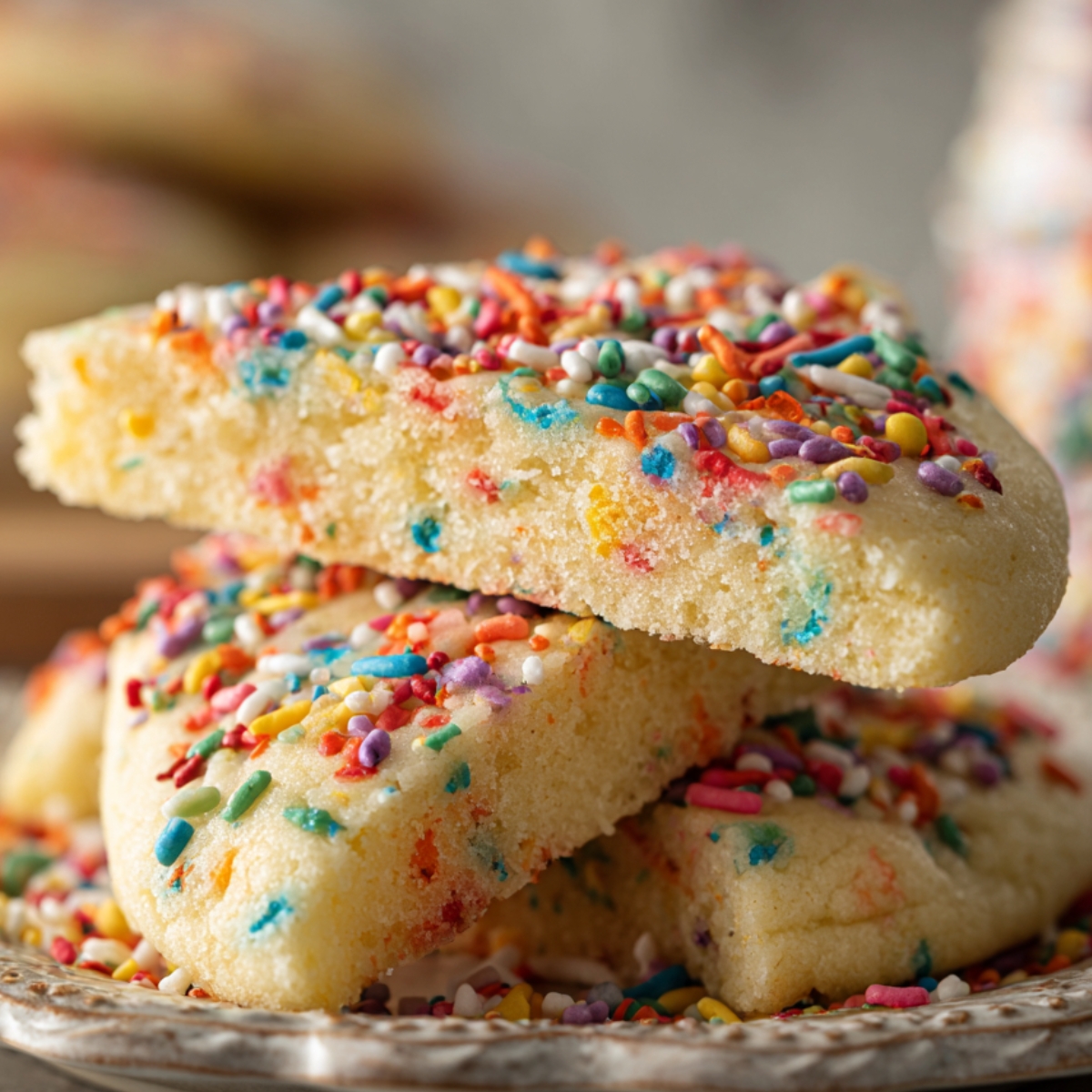 Close-up of soft sugar cookies topped with colorful rainbow sprinkles, stacked on a plate.