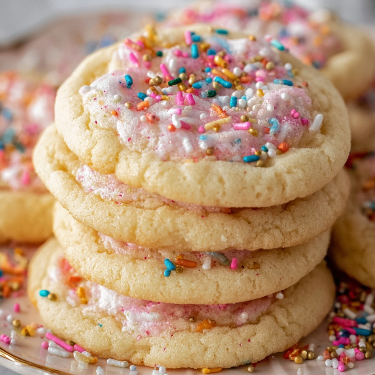 Stack of Soft Sugar Cookies with pink icing and rainbow sprinkles on top, sitting on a decorative plate.