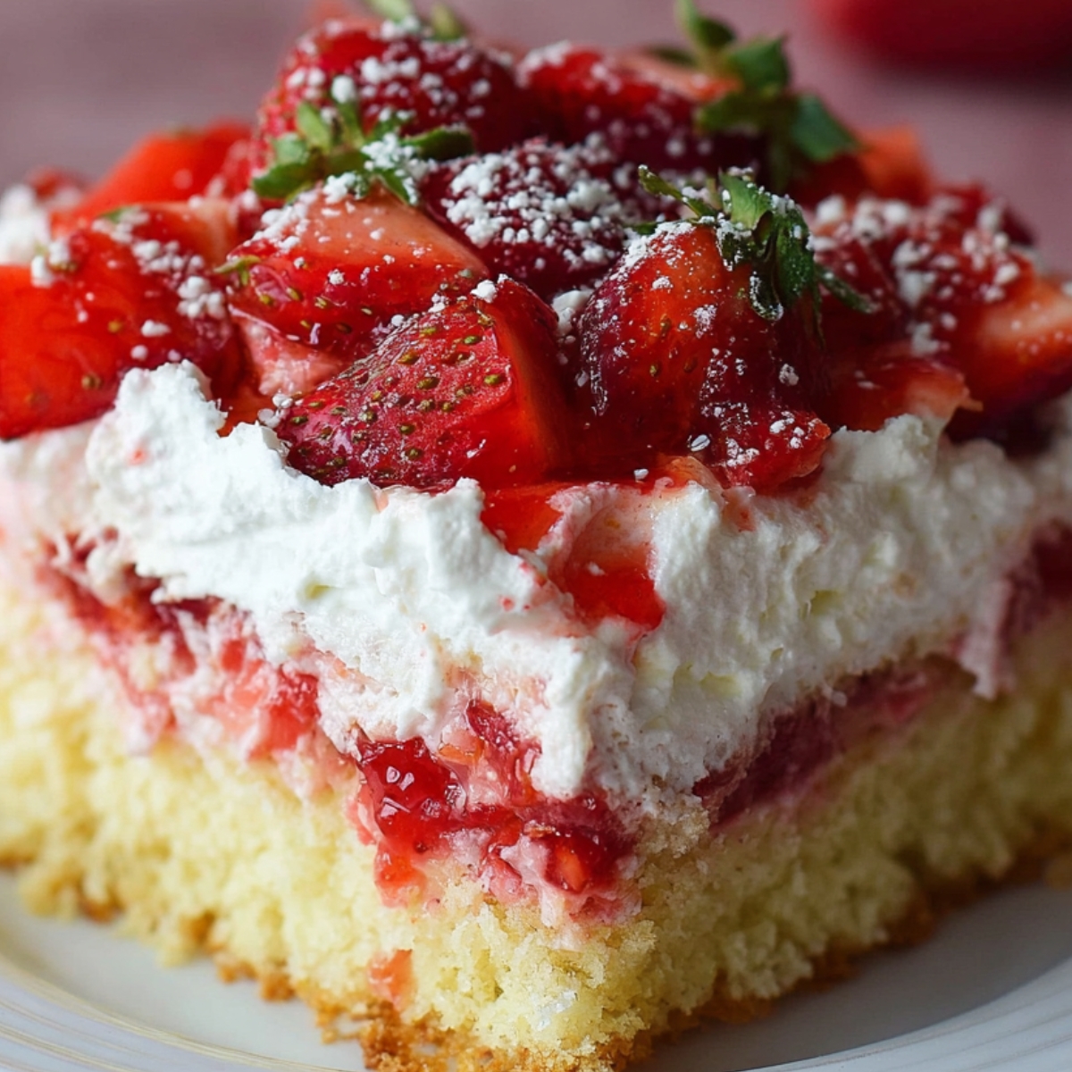A slice of strawberry poke cake showing layers of cake, strawberry filling, and whipped cream topped with fresh strawberries and powdered sugar.