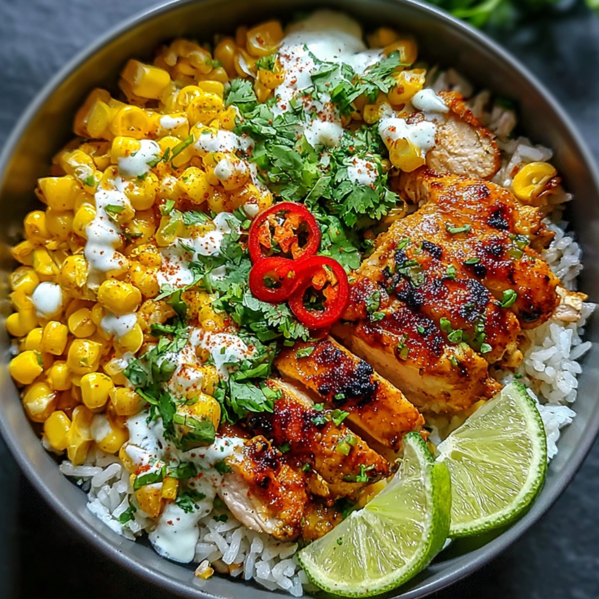 A vibrant chicken and corn rice bowl topped with grilled chicken slices, roasted corn, cilantro, lime wedges, and sliced red chili, drizzled with creamy sauce.