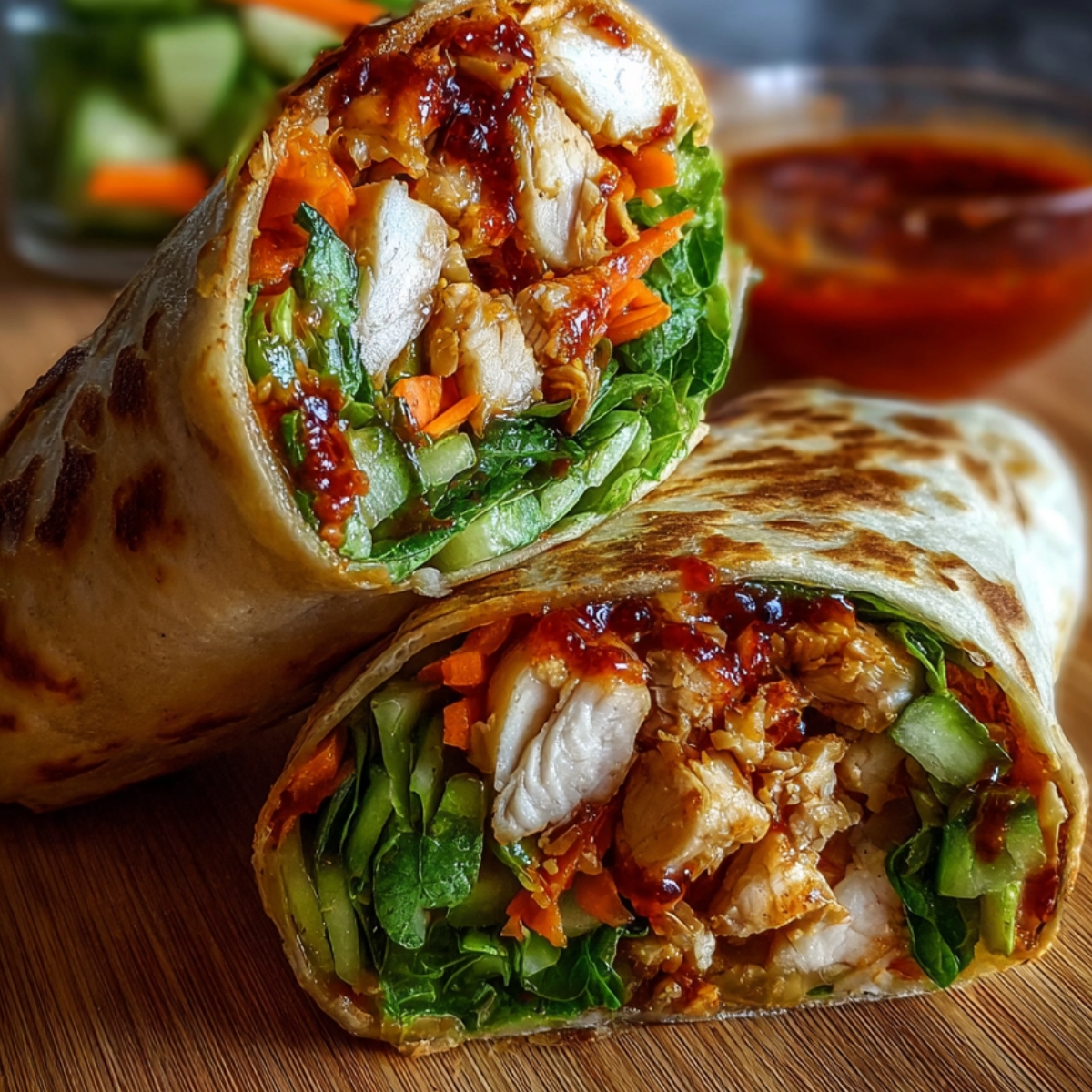 A close-up of two halves of a Sweet Chili Chicken Wrap filled with lettuce, cucumber, carrots, and sweet chili chicken, showing vibrant colors and sauce drizzles inside the wrap.