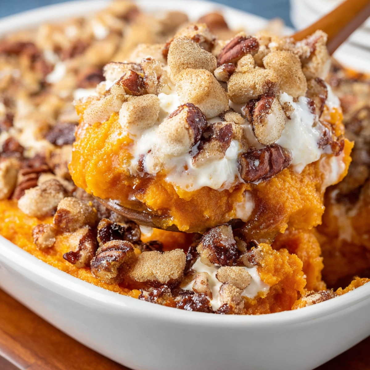 Spoonful of creamy sweet potato casserole topped with toasted marshmallows, brown sugar crumble, and chopped pecans.