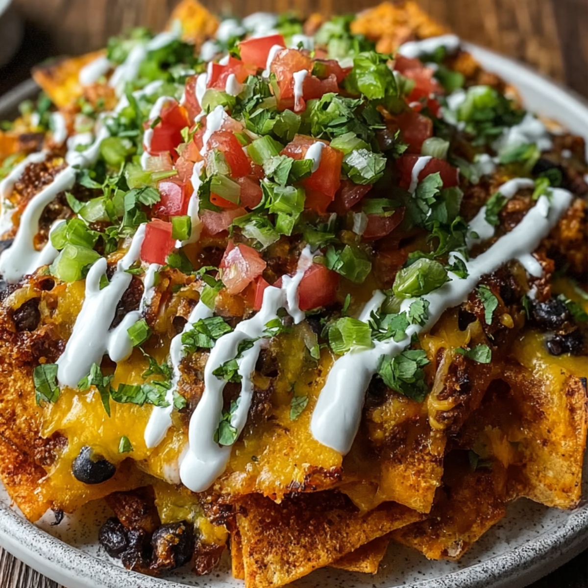 “Plate of loaded sweet potato nachos topped with melted cheddar cheese, black beans, chopped tomatoes, cilantro, green onions, and drizzles of sour cream.”
