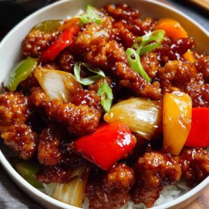 Bowl of sweet and sour pork served over rice, featuring glossy, caramelized sauce-coated pork pieces with red, yellow, and green bell peppers and onions.