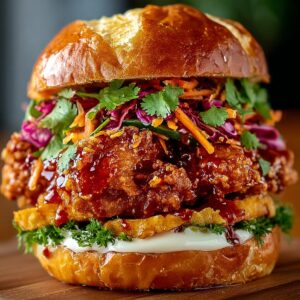 A Thai fried chicken sandwich stacked high on a golden pretzel bun, filled with crispy glazed chicken, slaw made of red cabbage and carrots, fresh herbs, and a creamy white sauce.