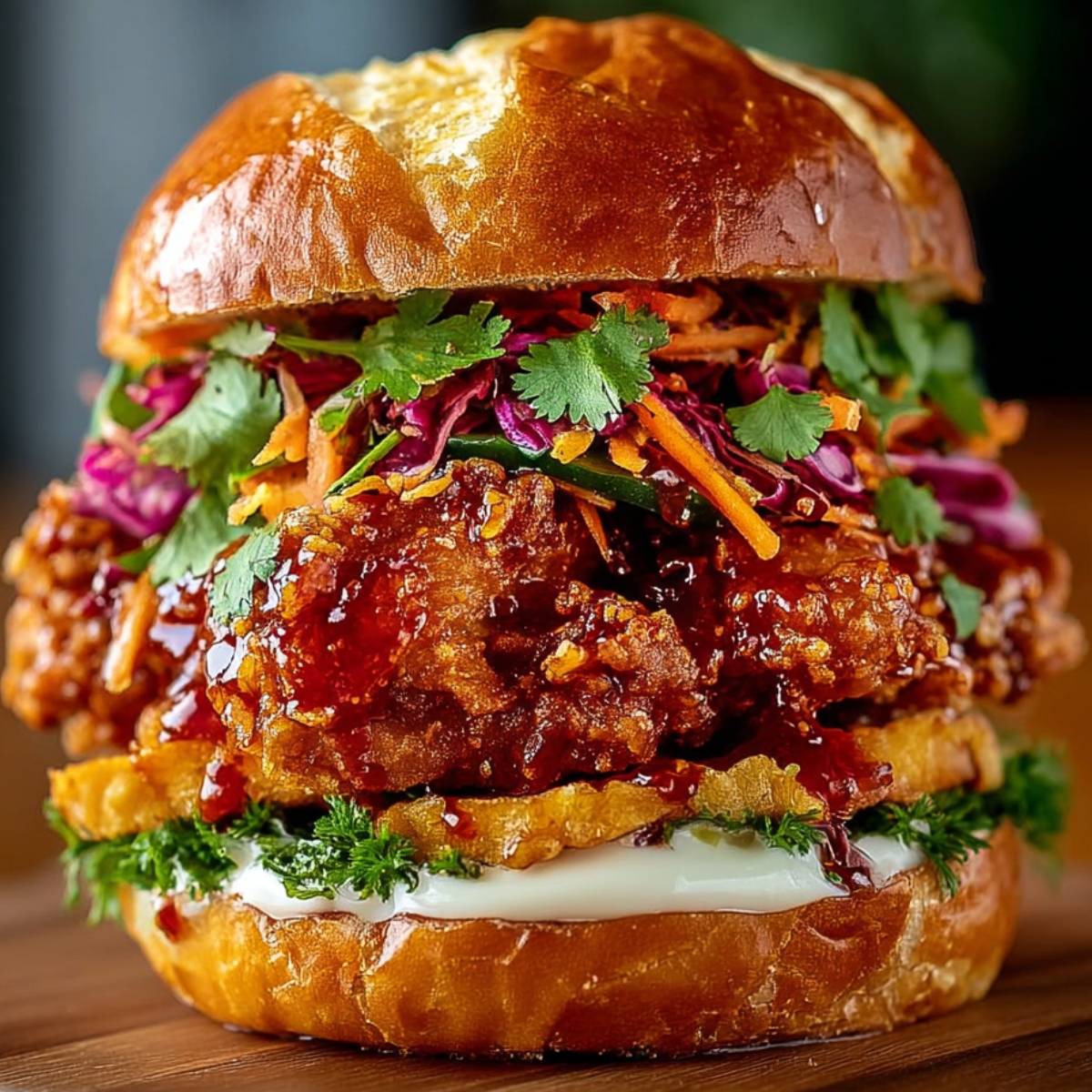 A Thai fried chicken sandwich stacked high on a golden pretzel bun, filled with crispy glazed chicken, slaw made of red cabbage and carrots, fresh herbs, and a creamy white sauce.