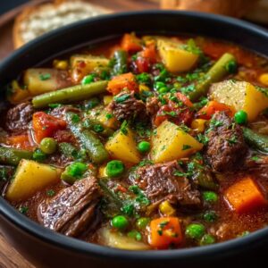 Bowl of homemade vegetable beef soup with tender beef chunks, potatoes, carrots, green beans, peas, and corn in a rich tomato broth.