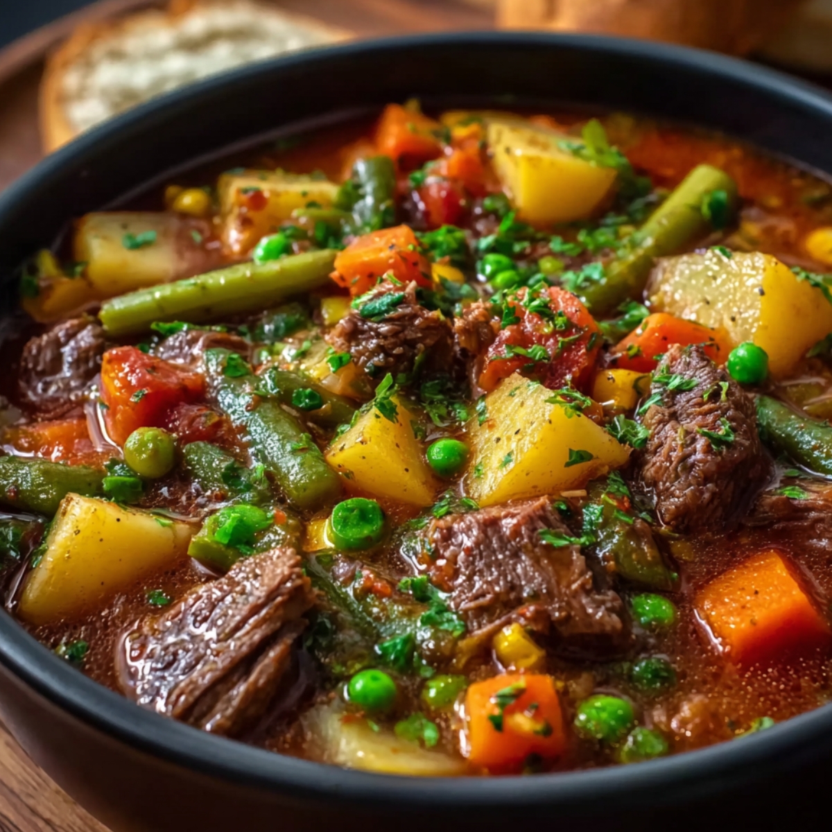 Bowl of homemade vegetable beef soup with tender beef chunks, potatoes, carrots, green beans, peas, and corn in a rich tomato broth.