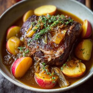 A tender, slow-cooked Apple Cider Braised Pork Shoulder served in a bowl with caramelized onions, apple slices, and fresh thyme, all coated in a rich apple cider glaze.