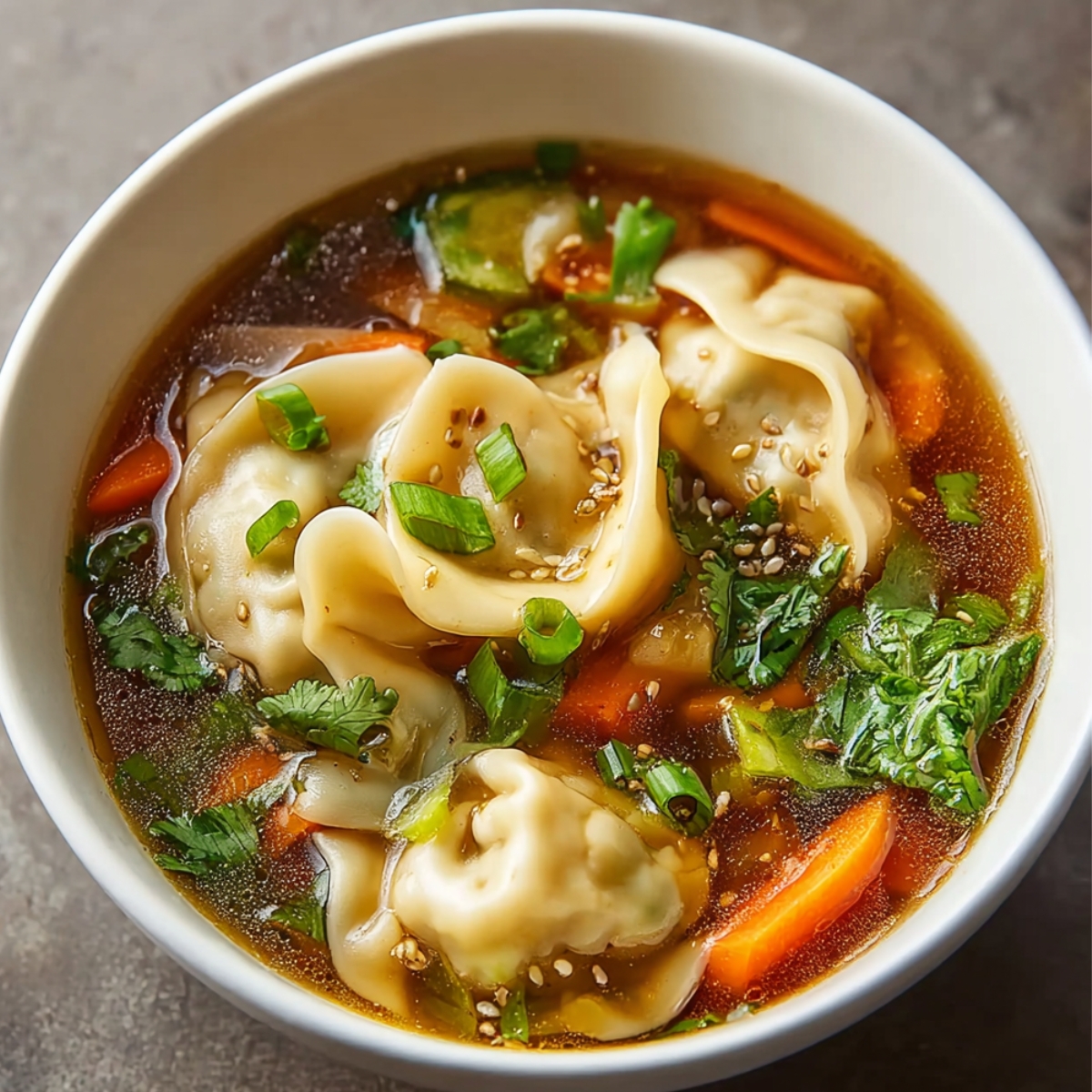 A bowl of homemade potsticker soup filled with dumplings, carrots, and greens in a rich, flavorful broth, garnished with sesame seeds, cilantro, and sliced green onions.