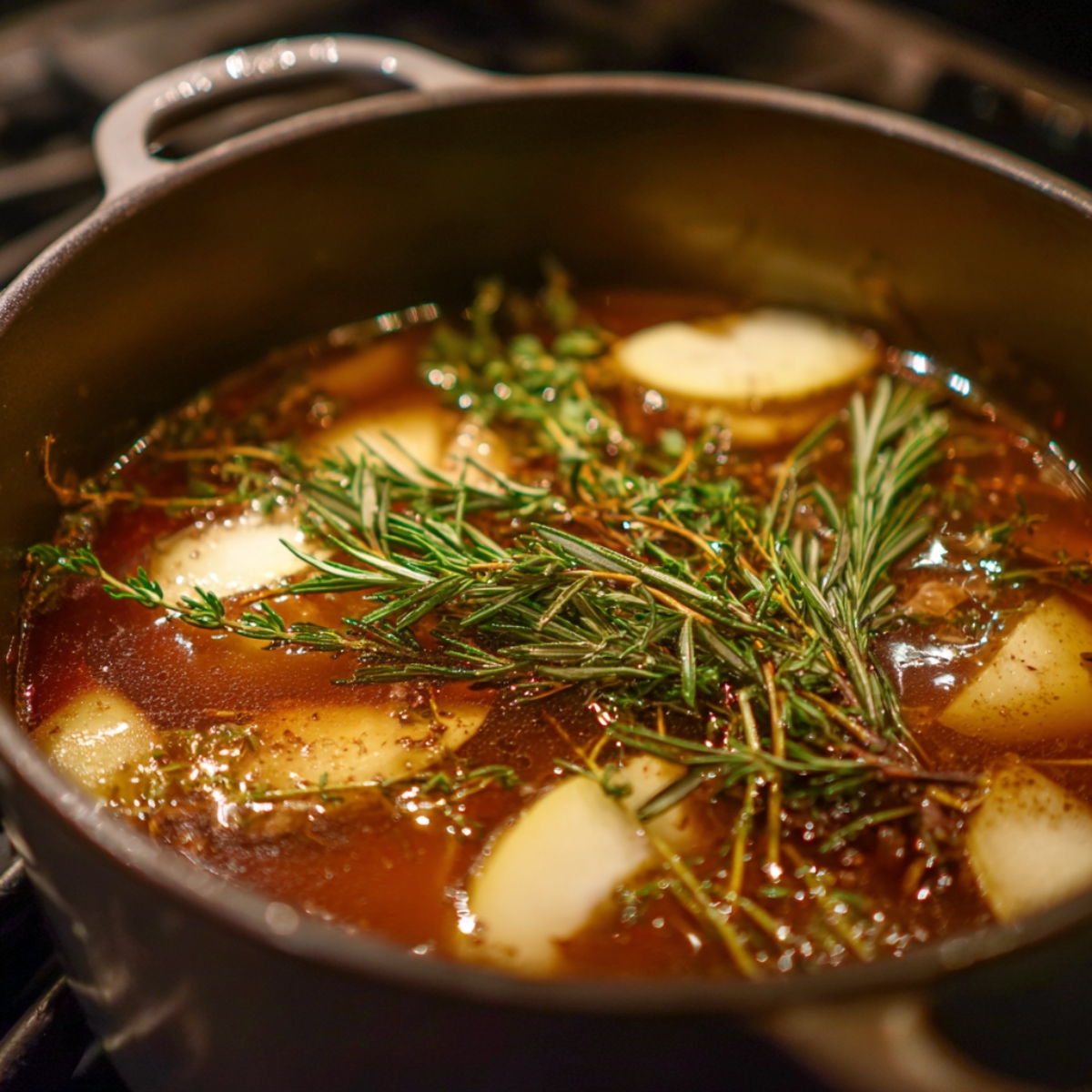 A Dutch oven filled with apple cider braising liquid, featuring sliced apples, sprigs of rosemary and thyme, and aromatic spices simmering together to create a rich, flavorful base.