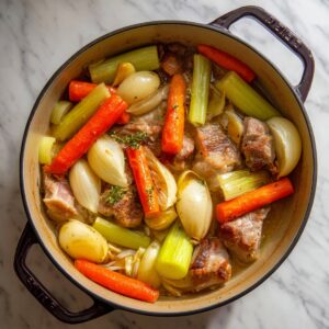 A Dutch oven containing browned pork pieces, carrots, celery, onions, and herbs gently simmering in broth, creating a hearty base for apple cider braised pork shoulder.