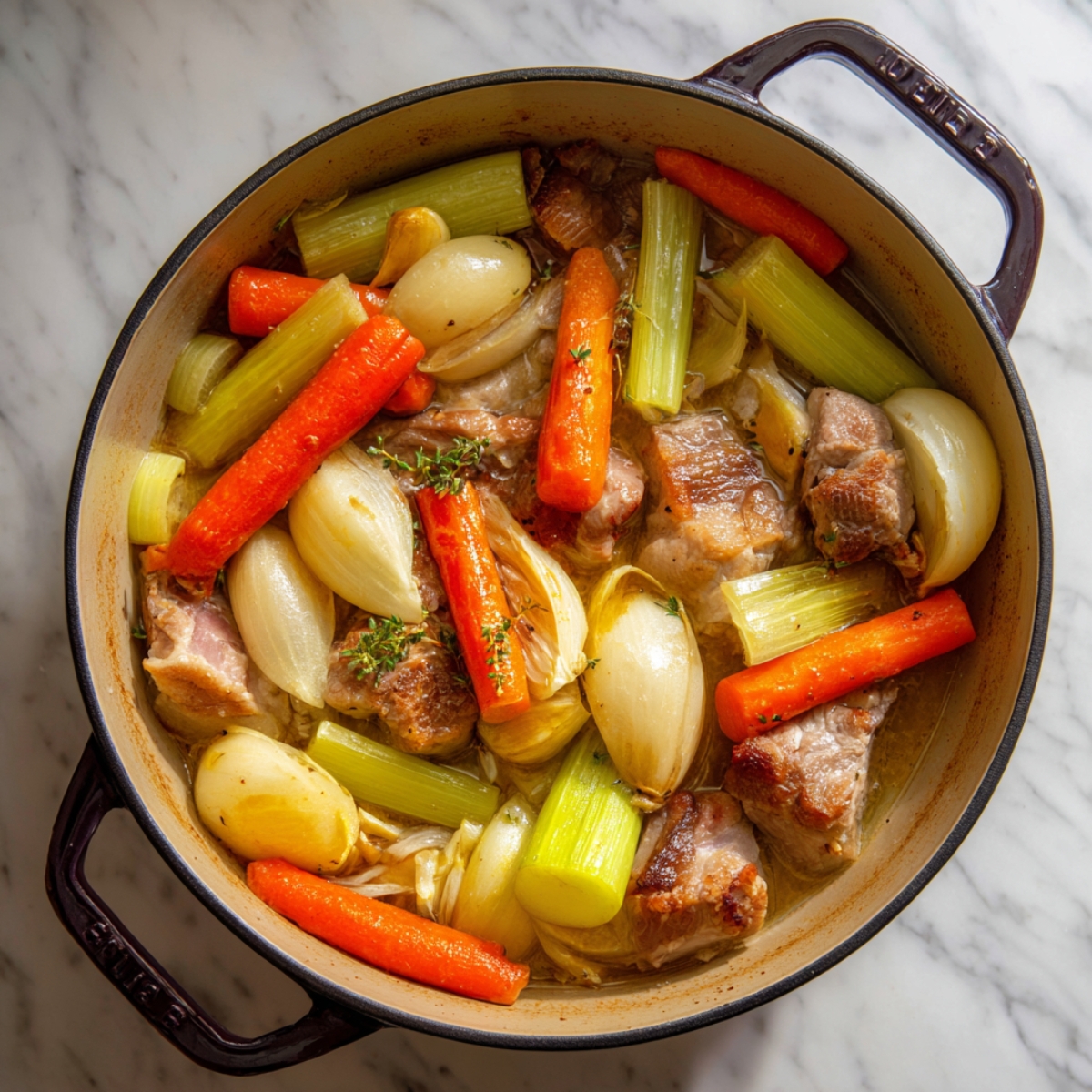 A Dutch oven containing browned pork pieces, carrots, celery, onions, and herbs gently simmering in broth, creating a hearty base for apple cider braised pork shoulder.