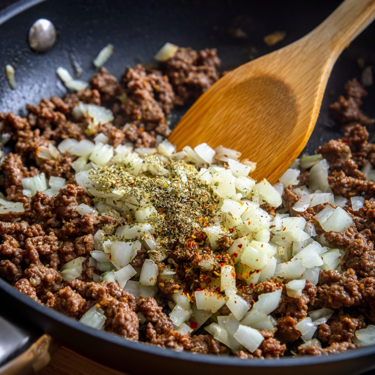 Ground beef cooking with chopped onions and dried herbs in a skillet, stirred with a wooden spoon.