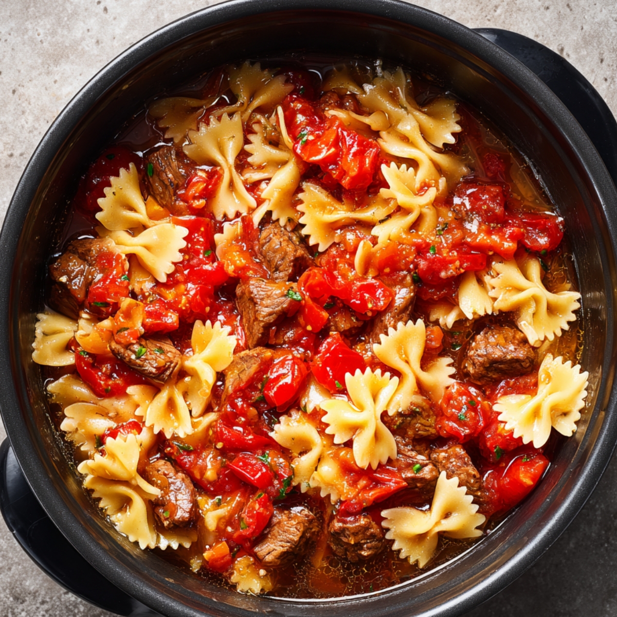 A pot containing bowtie pasta with chunks of beef and tomatoes in a rich red sauce.