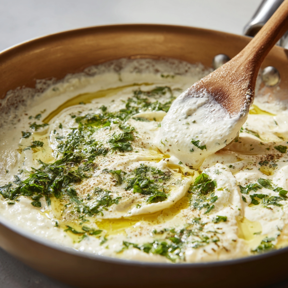 A skillet filled with creamy white sauce topped with chopped fresh herbs and olive oil, being stirred with a wooden spoon.