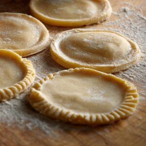 Raw empanada dough circles are laid out on a floured surface, ready to be filled and sealed.