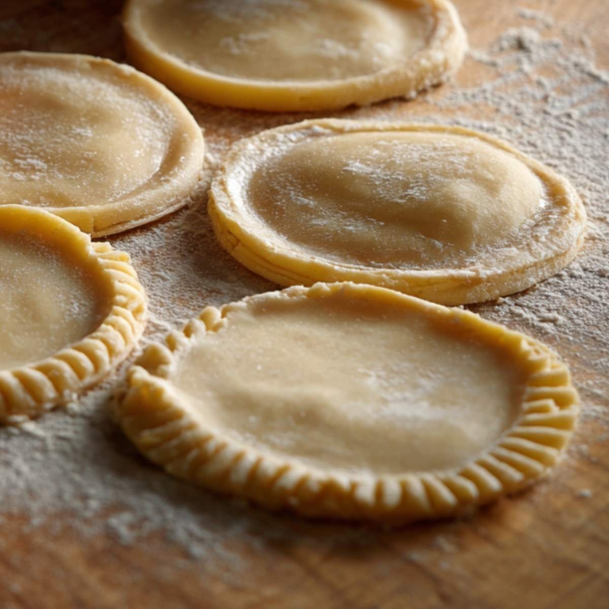 Raw empanada dough circles are laid out on a floured surface, ready to be filled and sealed.