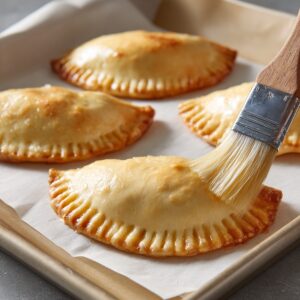 A brush is used to glaze golden-brown, freshly baked empanadas on a baking sheet.