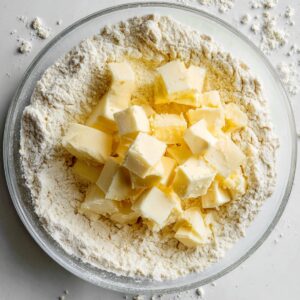 Cubes of butter placed on top of flour in a glass bowl, likely for making empanada dough.