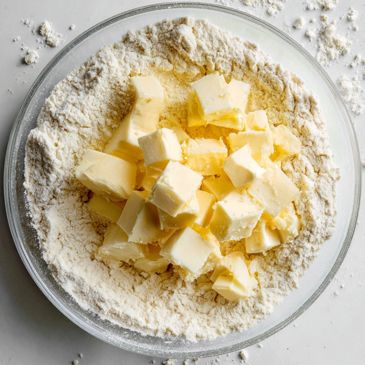 Cubes of butter placed on top of flour in a glass bowl, likely for making empanada dough.