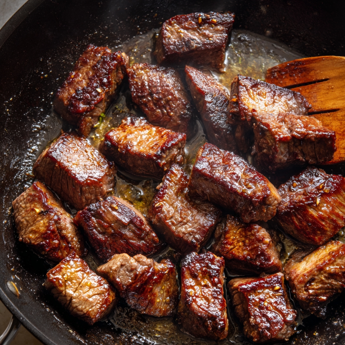 Golden-brown seared beef cubes sizzling in a pan, forming the flavorful base of the stroganoff.