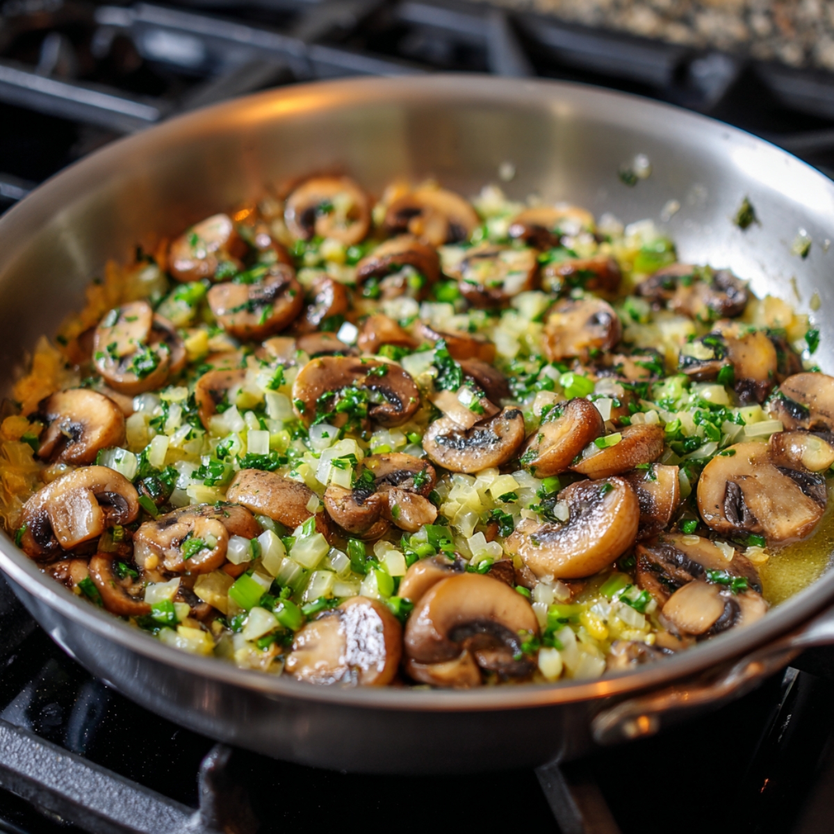 A frying pan with sliced mushrooms, diced onions, and herbs sautéing together, creating the aromatic base for beef stroganoff.