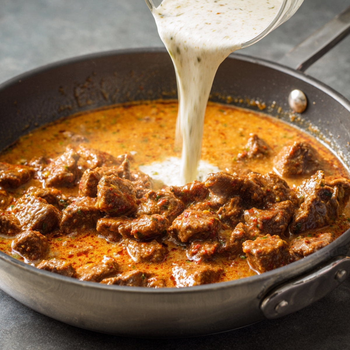A skillet filled with creamy beef stroganoff sauce being poured over browned beef chunks, showing the rich texture and cream blending in.