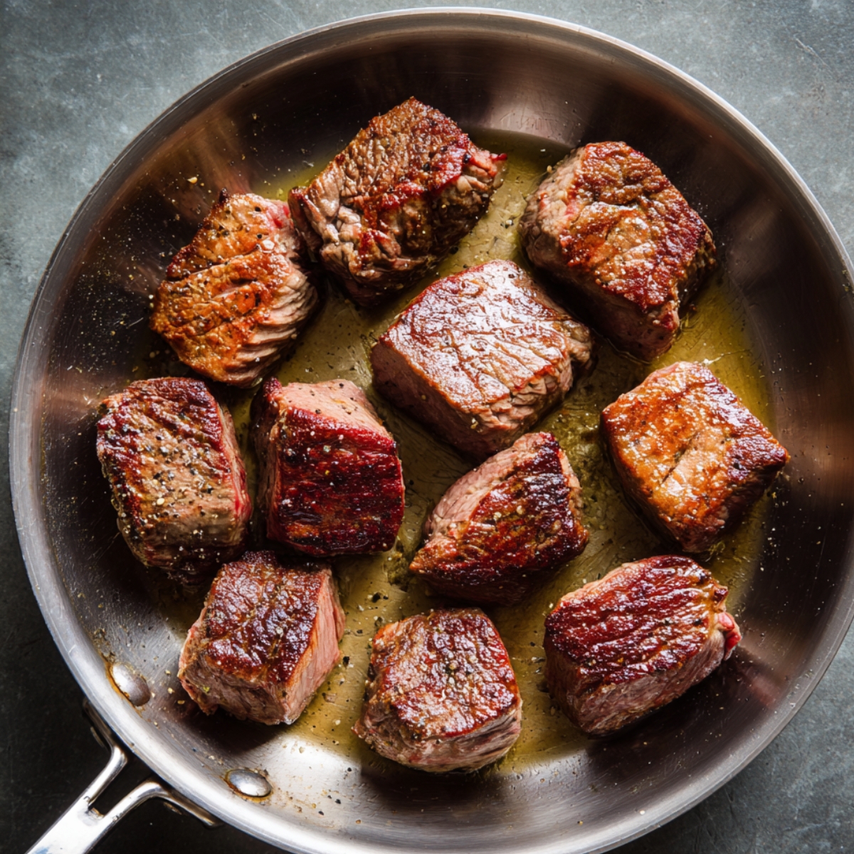 Seared cubes of beef in a skillet, showing a perfect brown crust on the outside, ready to be incorporated into the Wellington.