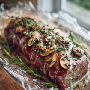 Raw beef covered with herbs and surrounded by sliced mushrooms, prepared for wrapping in pastry.