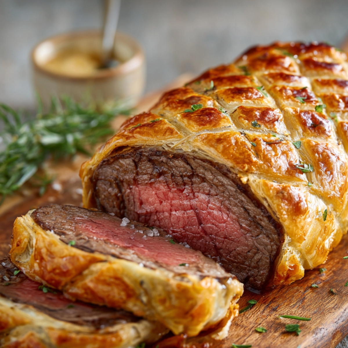 A close-up of a slice of beef Wellington showing a perfectly cooked medium-rare beef center with a golden, flaky pastry crust.