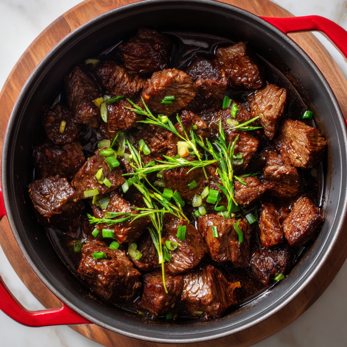 “Braised beef pieces in a red pot, cooked with herbs and green onions in a thick, flavorful sauce.”