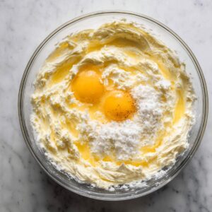 A glass bowl containing whipped cream mixture with two cracked eggs and powdered sugar on top, ready to be blended.