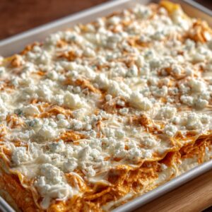 A baking dish of lasagna layered with creamy buffalo sauce and cheese, topped with crumbled blue cheese.