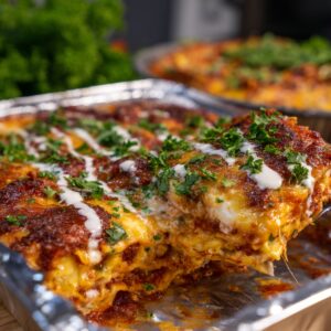 A golden-brown baked lasagna in a foil pan, topped with melted cheese, drizzled sauce, and fresh chopped parsley.